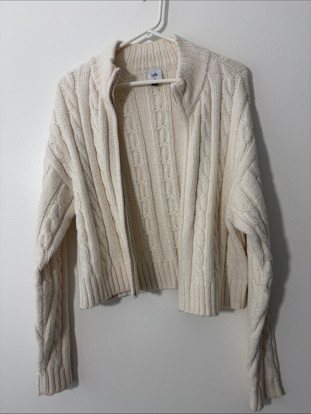 Cabi Cream Cable Knit Zip Front Cardigan Sweater Medium
